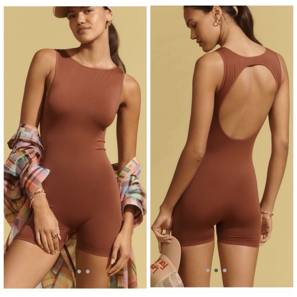 Anthropologie The Renna Seamless Boatneck Open Back Romper Onesie Brown S/M